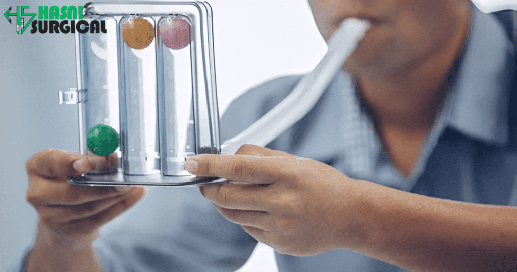 A man using spirometers to assess his lung function.