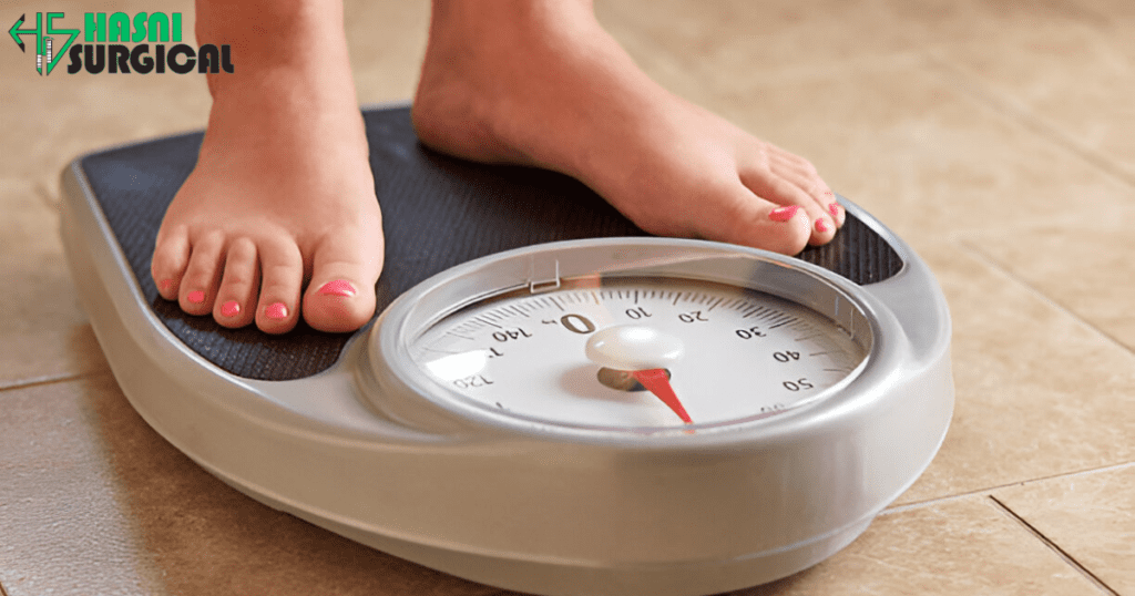 A Woman checking her weight on a weight scale.