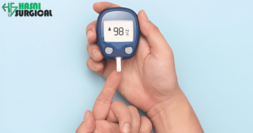 A Man checking his sugar levels with a glucose Monitor.