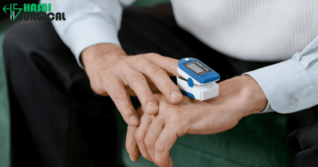 A Man checking his Oxygen levels with a pulse Oximeters.