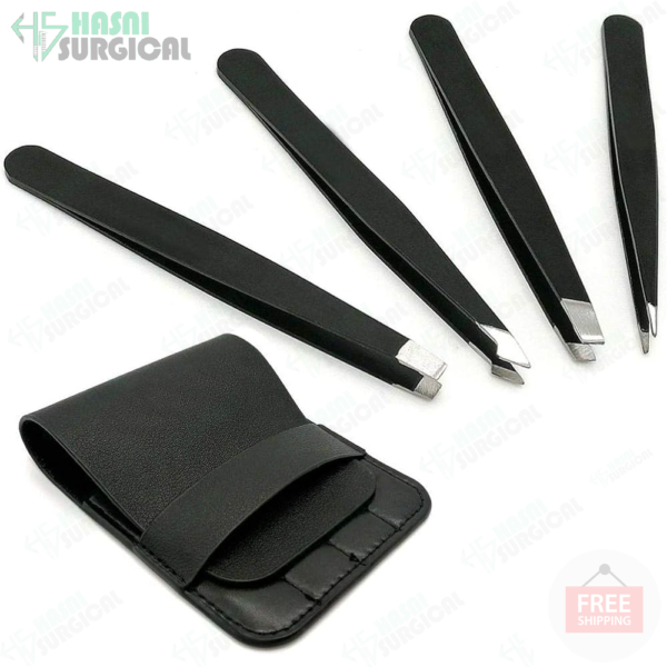 black eyebrow tweezers point slanted flat tip