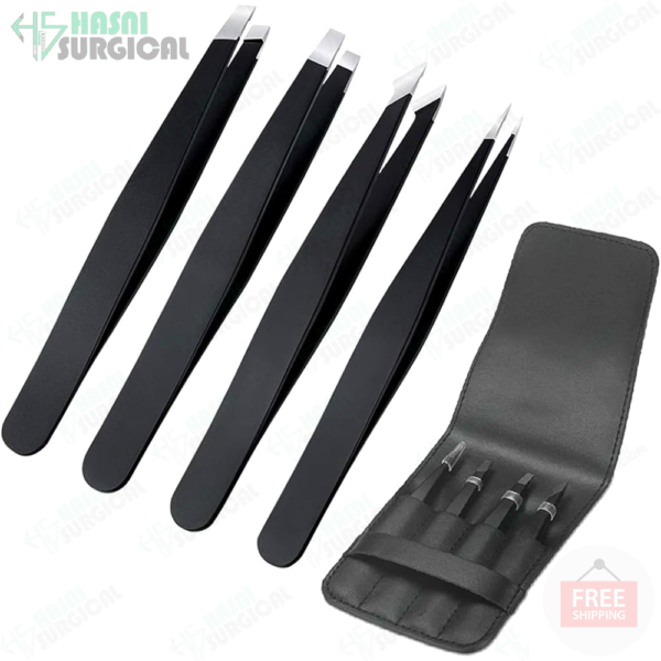 black eyebrow tweezers point slanted flat tip