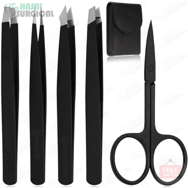 black eyebrow tweezers point slanted flat tip