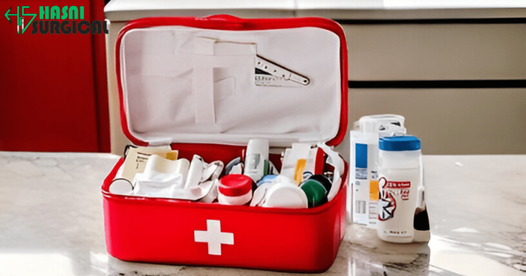 A first aid kit on a kitchen counter.