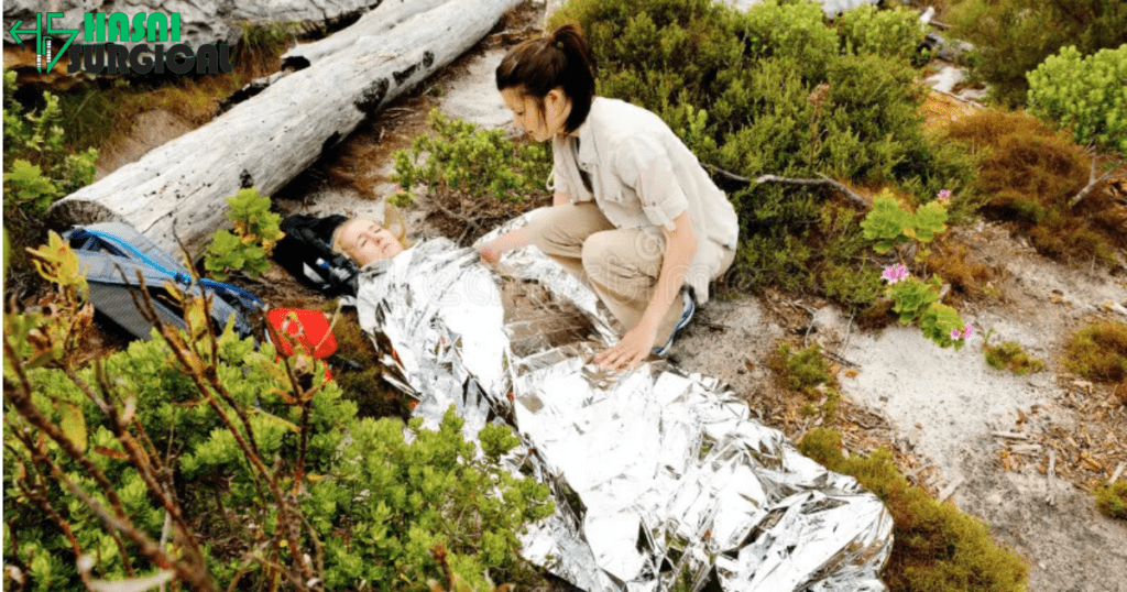 A hiker finds an unconscious woman and uses the emergency blanket in her first aid to wrap the woman.