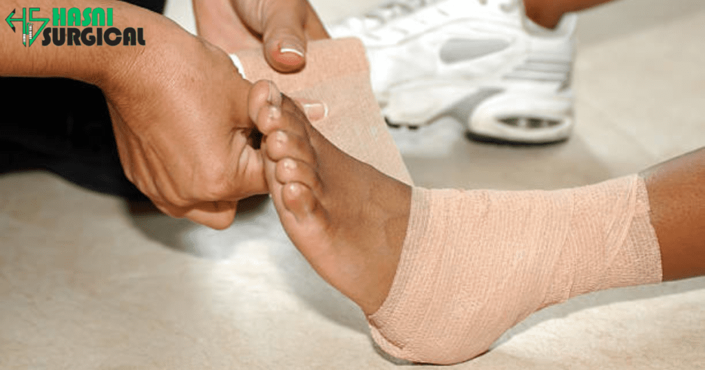 A paramerdic wraps a man's injured leg in elastic bandages.