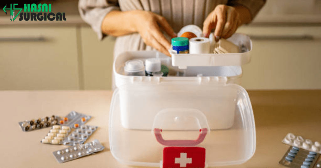 A woman carefully organizes supplies in a first aid box.