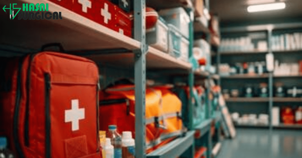 A first aid kit being on a shelf and being properly maintained.