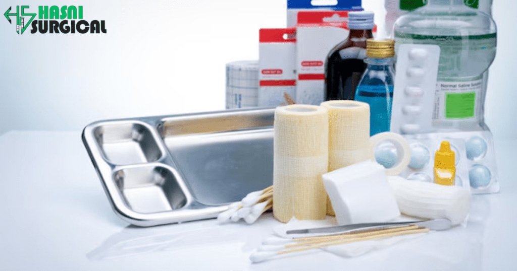 Wound Care tools used in a First aid kit, which includes Bandages, Painkillers, alcohol, guaze, etc.