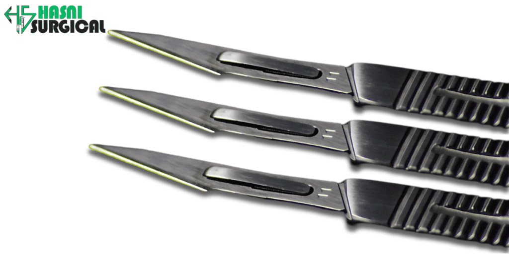 Three scalpels instruments with a white background.