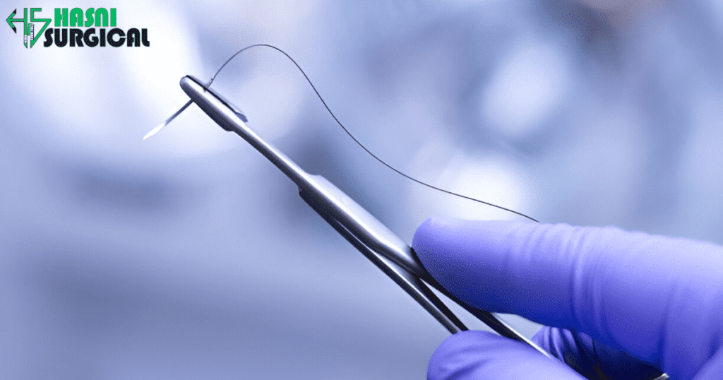 A surgeon holding a needle holder with a surgical thread in the grasp of the needle holder.